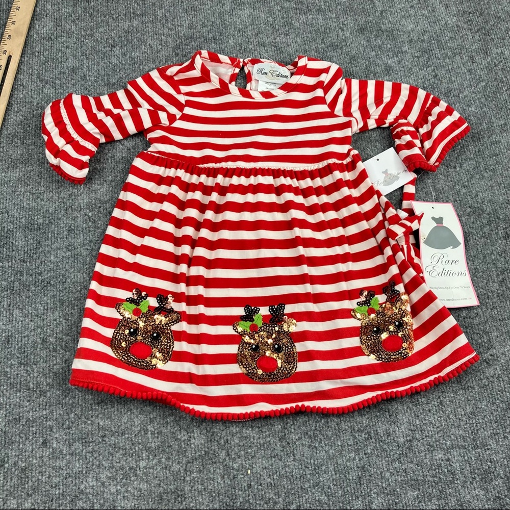 RARE EDITIONS RED GREEN WHITE CHRISTMAS Reindeer ACCENT HOLIDAY DRESS SIZE 24‎